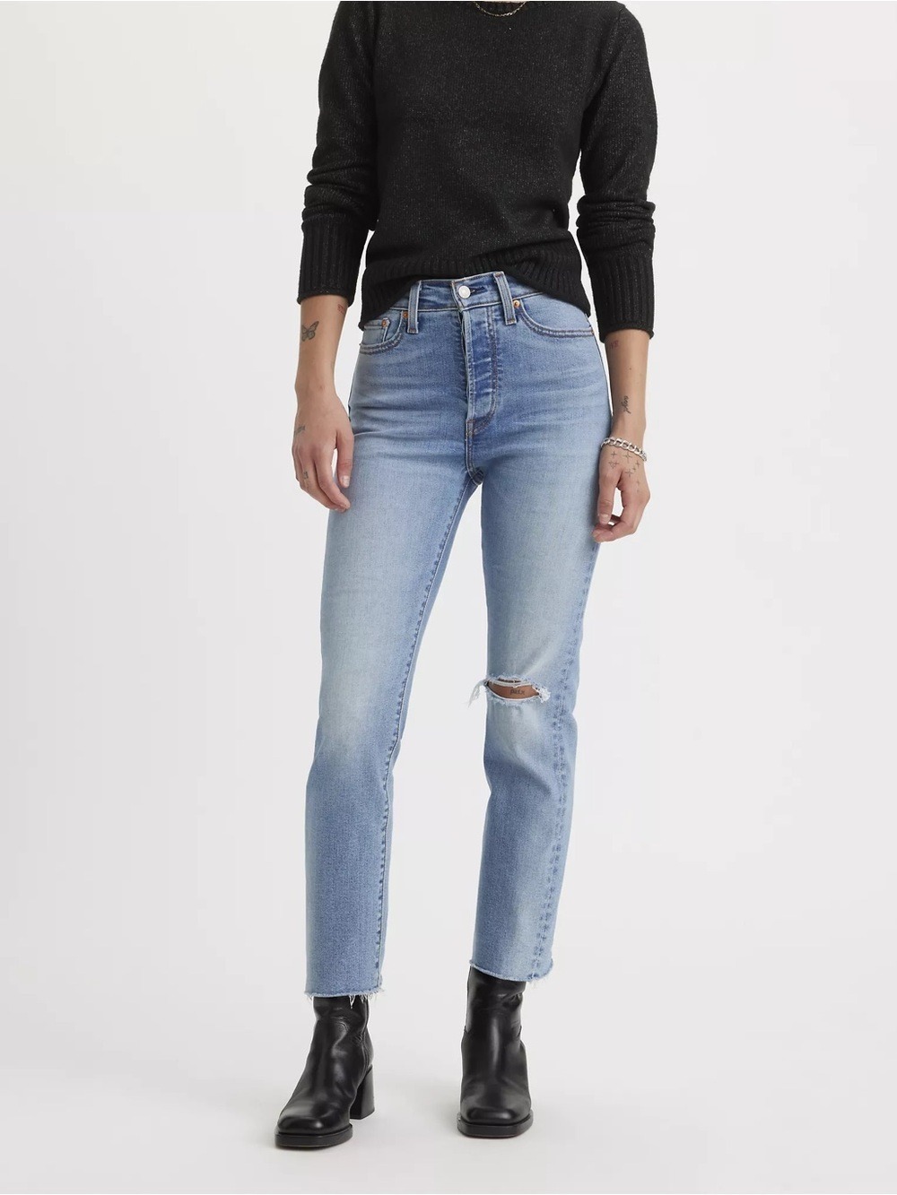 Levi's Wedgie Light Blue Straight Leg Jeans with Knee Rip and Raw Hem